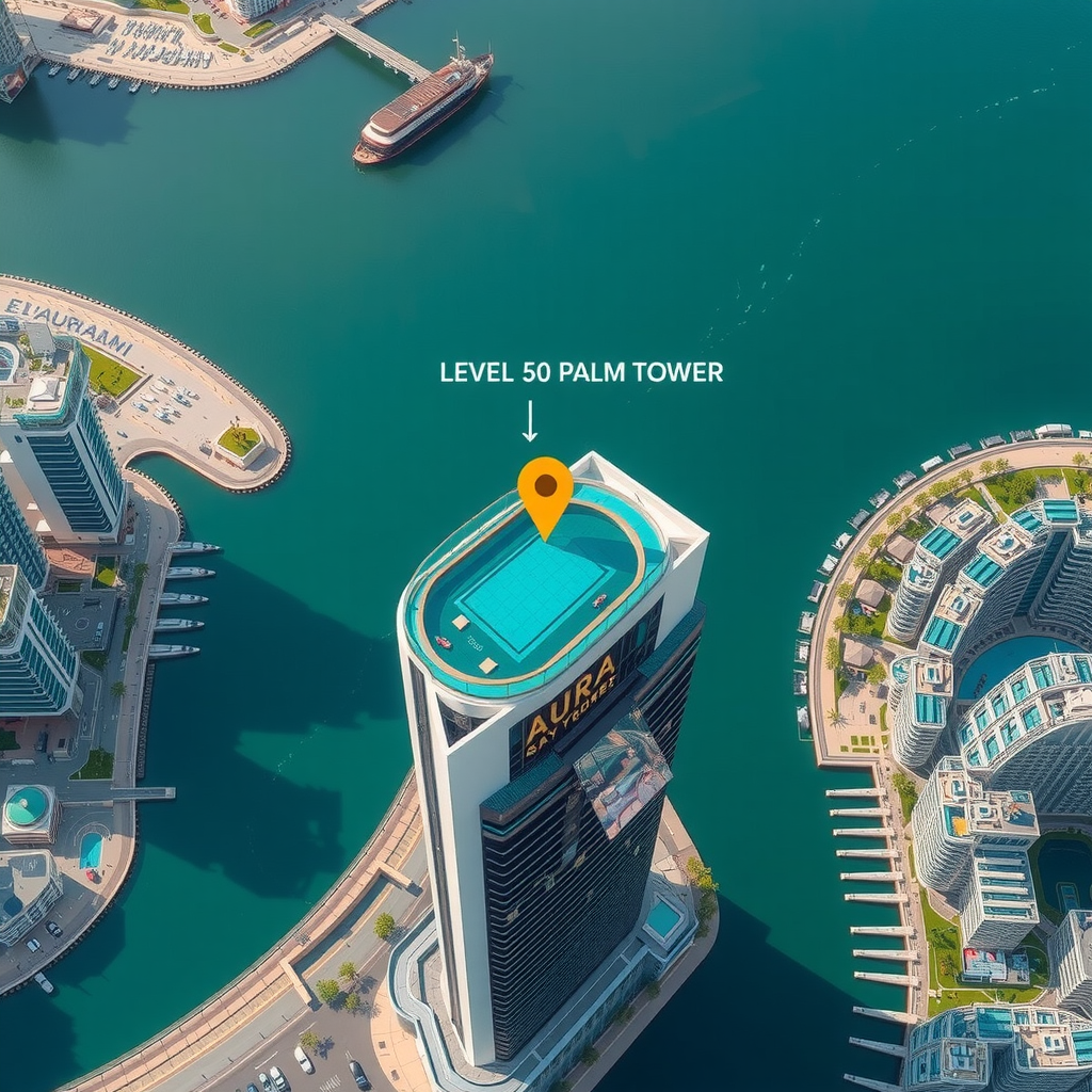 Aerial view map showing Aura Sky Pool location at Level 50 Palm Tower in Dubai Marina with surrounding luxury buildings and waterfront, pin marker indicating exact location on the tower