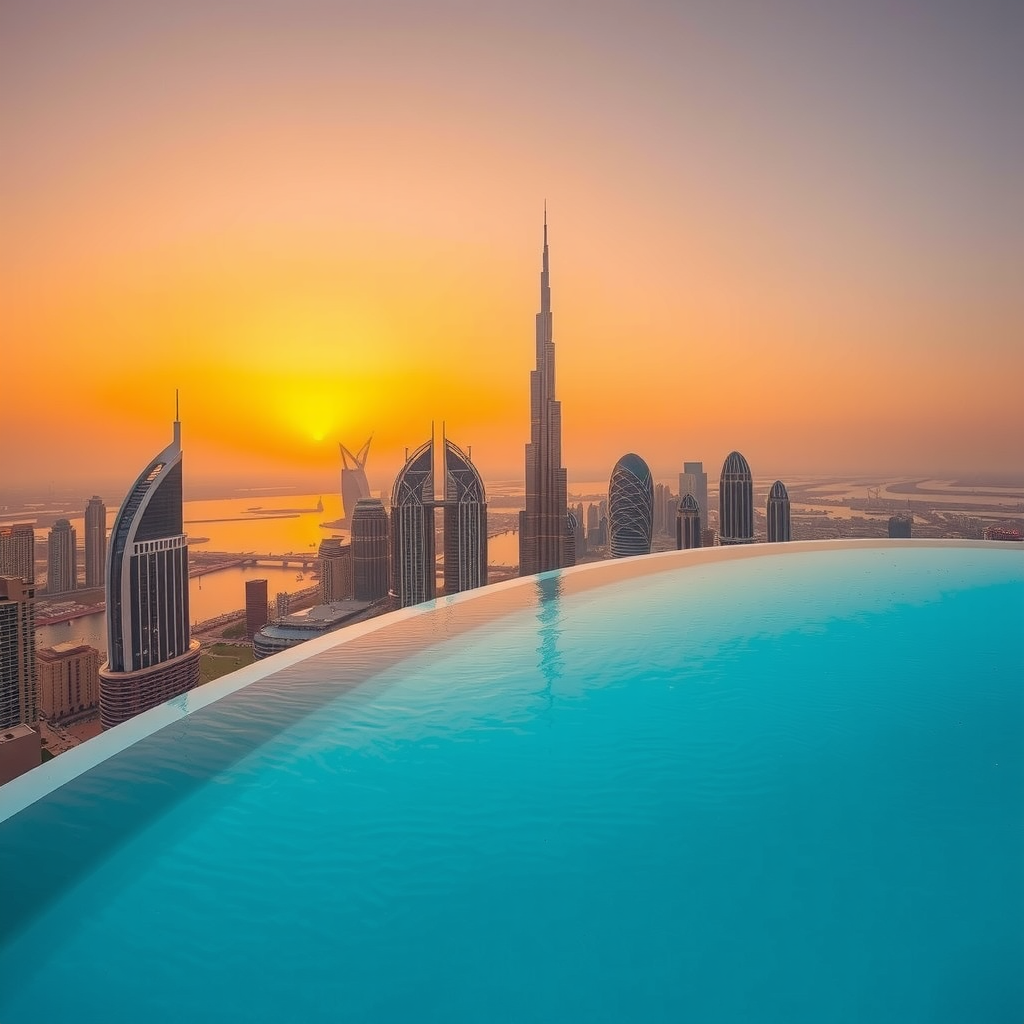 Stunning panoramic view of Aura Sky Pool infinity edge overlooking Dubai skyline at golden hour with crystal clear turquoise water