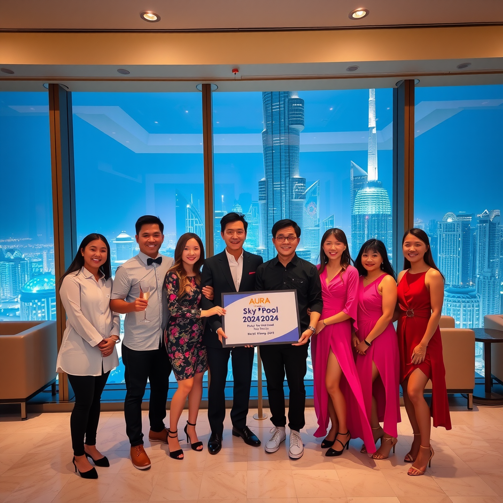 Aura Sky Pool team receiving the Best Rooftop Experience 2024 award at the prestigious ceremony held at Burj Khalifa, with Dubai's glittering skyline visible through floor-to-ceiling windows