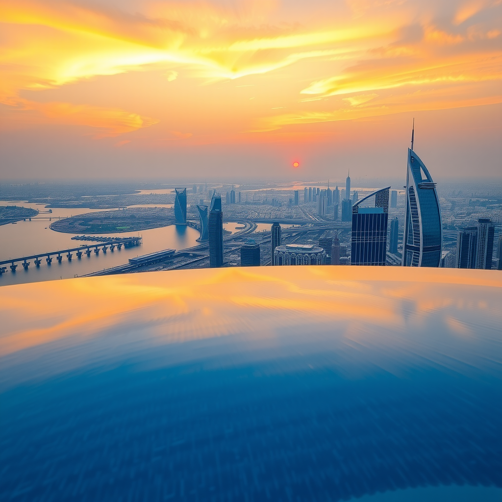 Stunning panoramic view of Dubai skyline at sunset from Aura Sky Pool infinity swimming pool, with golden hour lighting reflecting off the water and city buildings in the background