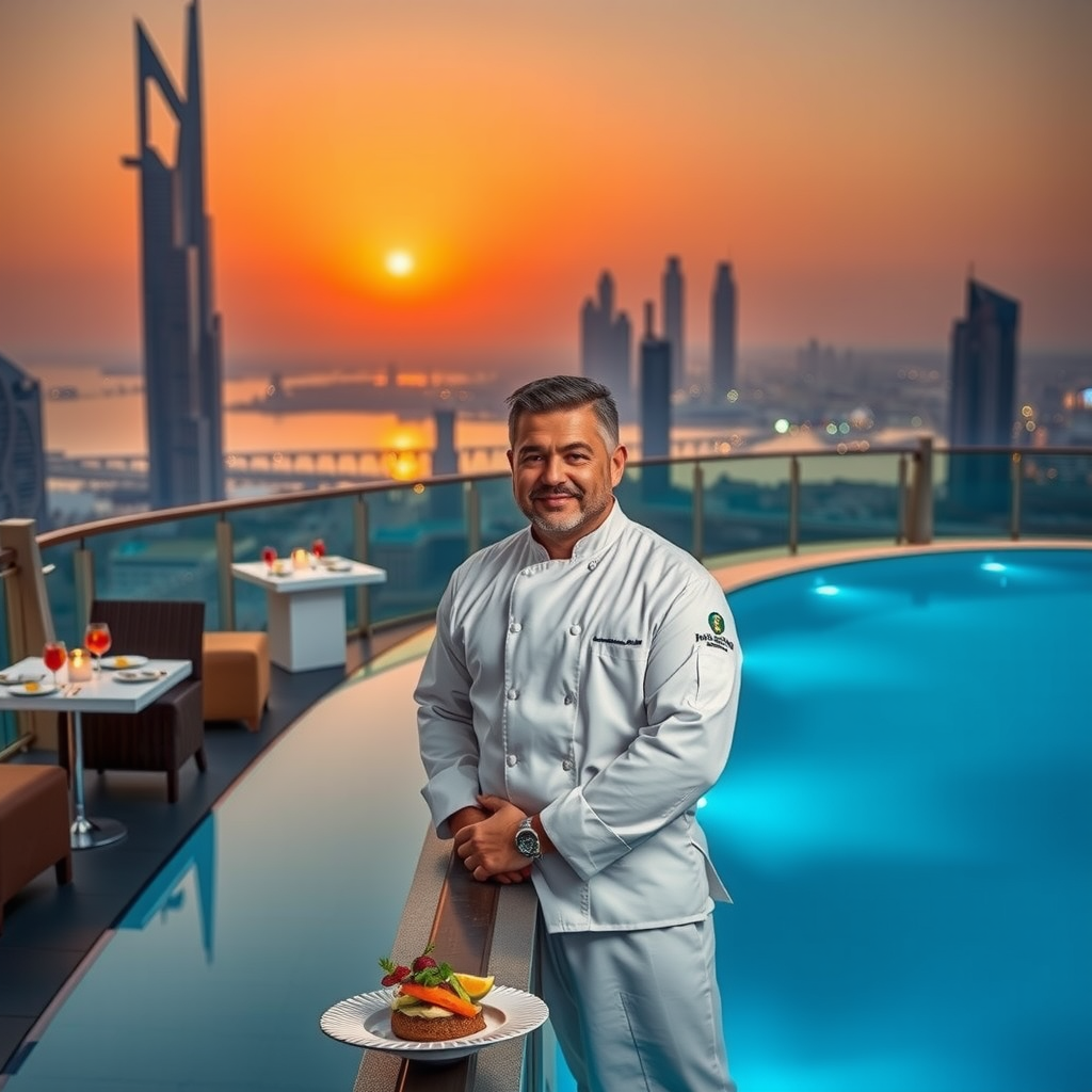 Michelin-starred Chef Marco Bellini standing at the edge of Aura Sky Pool's infinity swimming pool overlooking Dubai skyline at sunset, wearing chef whites, with elegant poolside dining setup in background featuring Mediterranean-inspired dishes and turquoise accent lighting