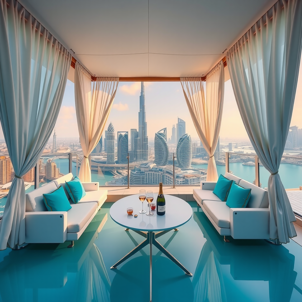 Luxurious private cabana at Aura Sky Pool with plush white seating, turquoise cushions, sheer curtains, and panoramic views of Dubai skyline through floor-to-ceiling glass, butler service setup with champagne and refreshments on elegant table