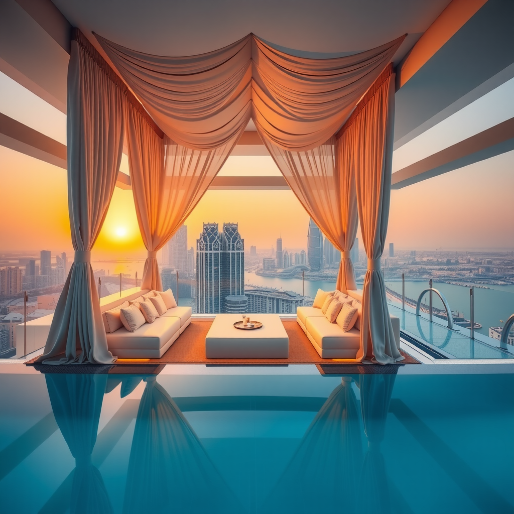 Luxurious pool cabana interior at Aura Sky Pool featuring plush white seating, elegant draping, and floor-to-ceiling windows overlooking Dubai's skyline at sunset with the infinity pool visible in the foreground