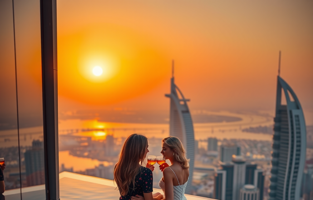 Romantic couple enjoying sunset cocktails at luxury infinity skypool with panoramic Dubai cityscape and golden sky reflections