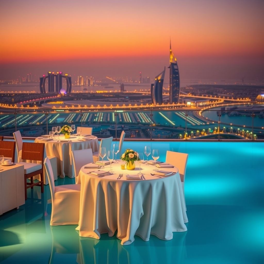 Elegant private event setup at Aura Sky Pool featuring sophisticated table arrangements with white linens, gold accents, ambient candle lighting, turquoise pool water reflecting the golden hour sky, and panoramic views of Dubai's illuminated skyline at dusk