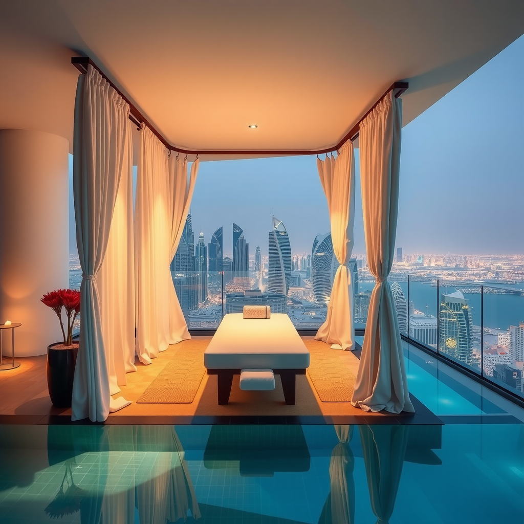 Luxurious private spa cabana with white curtains, massage table, and panoramic Dubai skyline views at Aura Sky Pool