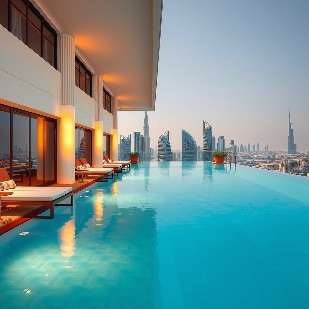 Luxurious pool deck at Aura Sky Pool with elegant loungers, turquoise water, and panoramic Dubai cityscape in background during daytime