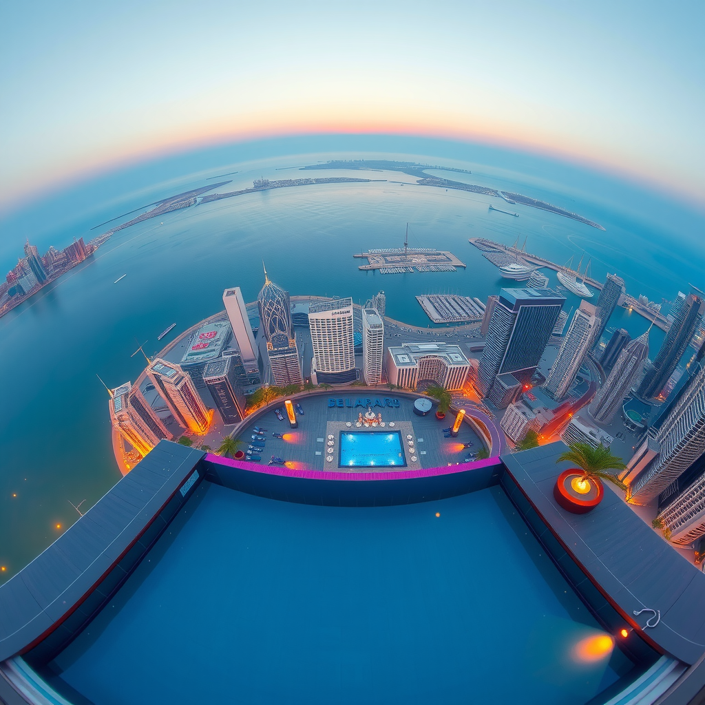 Breathtaking 360-degree panoramic view from Aura Sky Pool's infinity edge, showcasing Dubai Marina's glittering skyscrapers, the iconic Palm Jumeirah, and the Arabian Gulf stretching to the horizon during golden hour