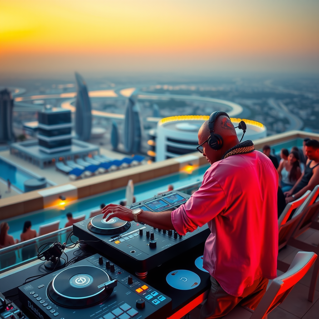 Professional DJ performing at Aura Sky Pool during sunset session, with turntable equipment, crowd enjoying music, and Dubai skyline visible in background during golden hour