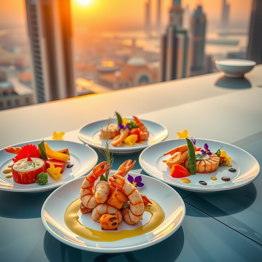 Elegant presentation of Mediterranean-inspired dishes on white porcelain plates at Aura Sky Pool, featuring fresh seafood, colorful vegetables, olive oil drizzle, and edible flowers, with infinity pool and Dubai skyline blurred in background, golden hour lighting