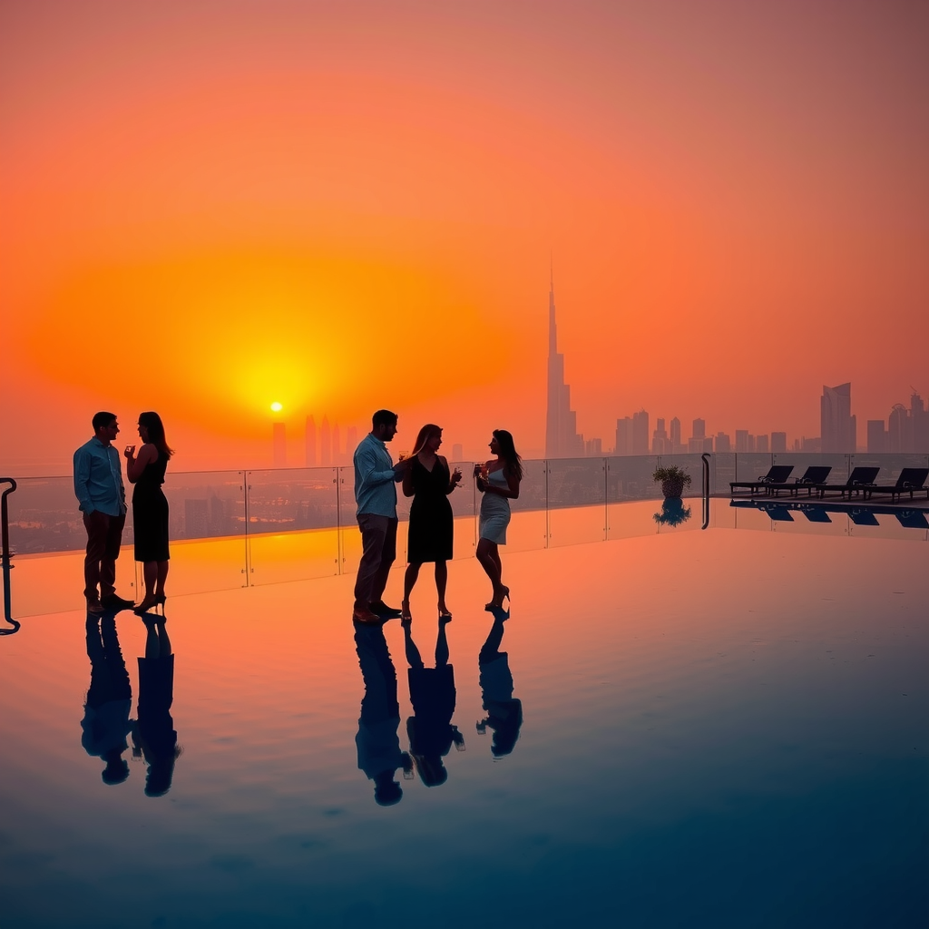 Breathtaking golden hour sunset view from Aura Sky Pool infinity edge, silhouettes of guests with cocktails against orange and pink sky, Dubai skyline in background, reflective pool water with sunset colors, romantic atmosphere with lounge chairs