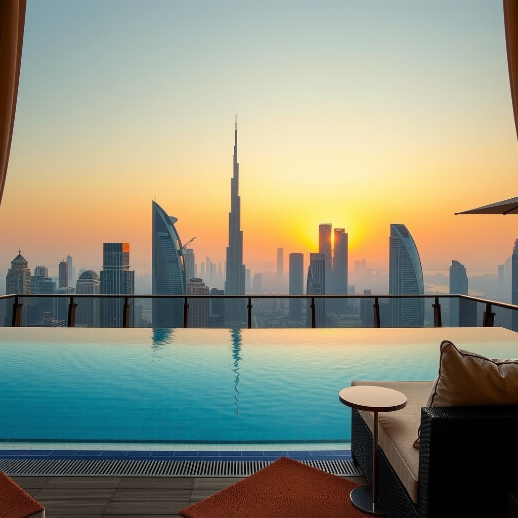 Breathtaking view from a pool cabana at Aura Sky Pool showing the infinity pool edge merging with Dubai's skyline during golden hour, with the Burj Khalifa visible in the distance and elegant cabana furnishings in the foreground