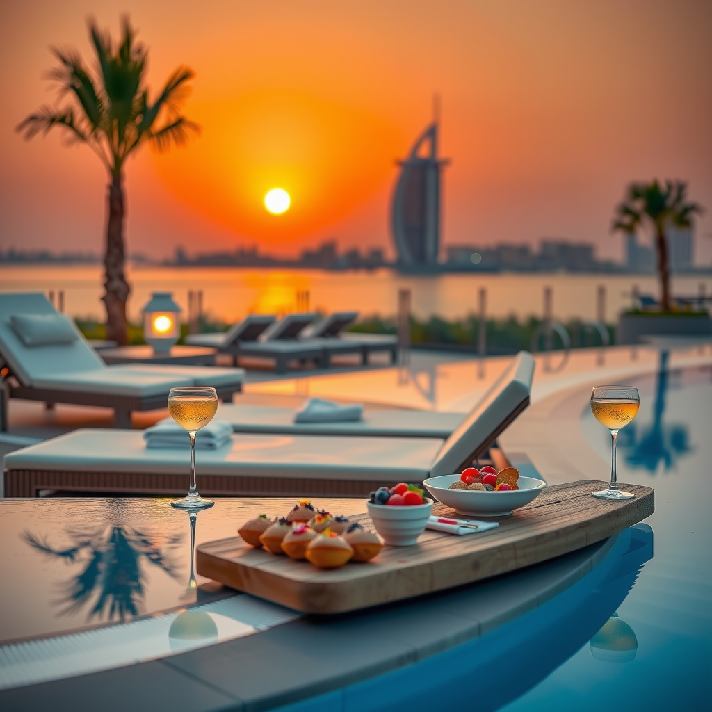 Luxury poolside lounge setup with premium cushioned loungers, cocktails and gourmet canapés against Dubai sunset backdrop