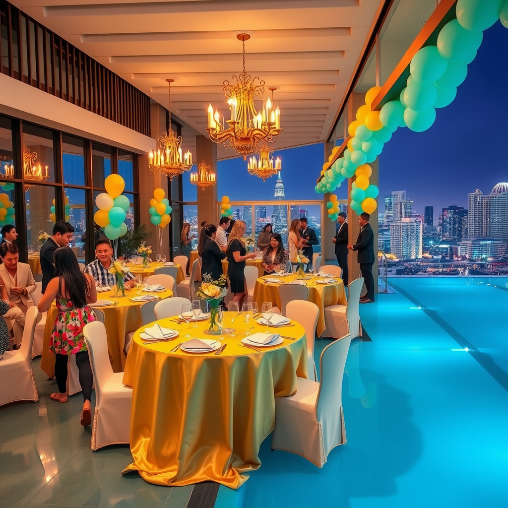 Vibrant birthday party celebration at Aura Sky Pool with elegantly decorated tables featuring gold and turquoise accents, sophisticated balloon arrangements, guests mingling around the infinity pool, champagne service, and stunning daytime city views