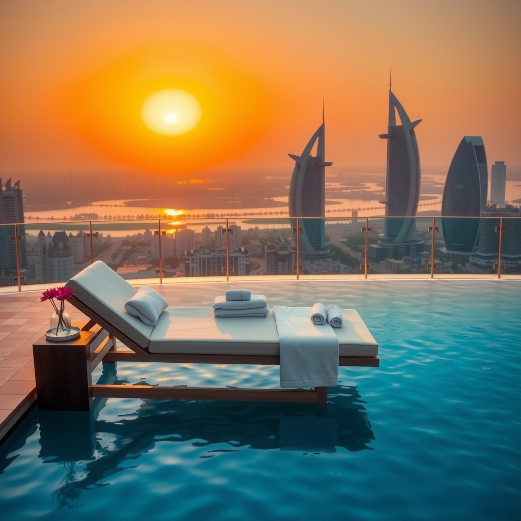 Elegant poolside lounger with spa treatment setup overlooking infinity swimming pool at golden hour with Dubai cityscape