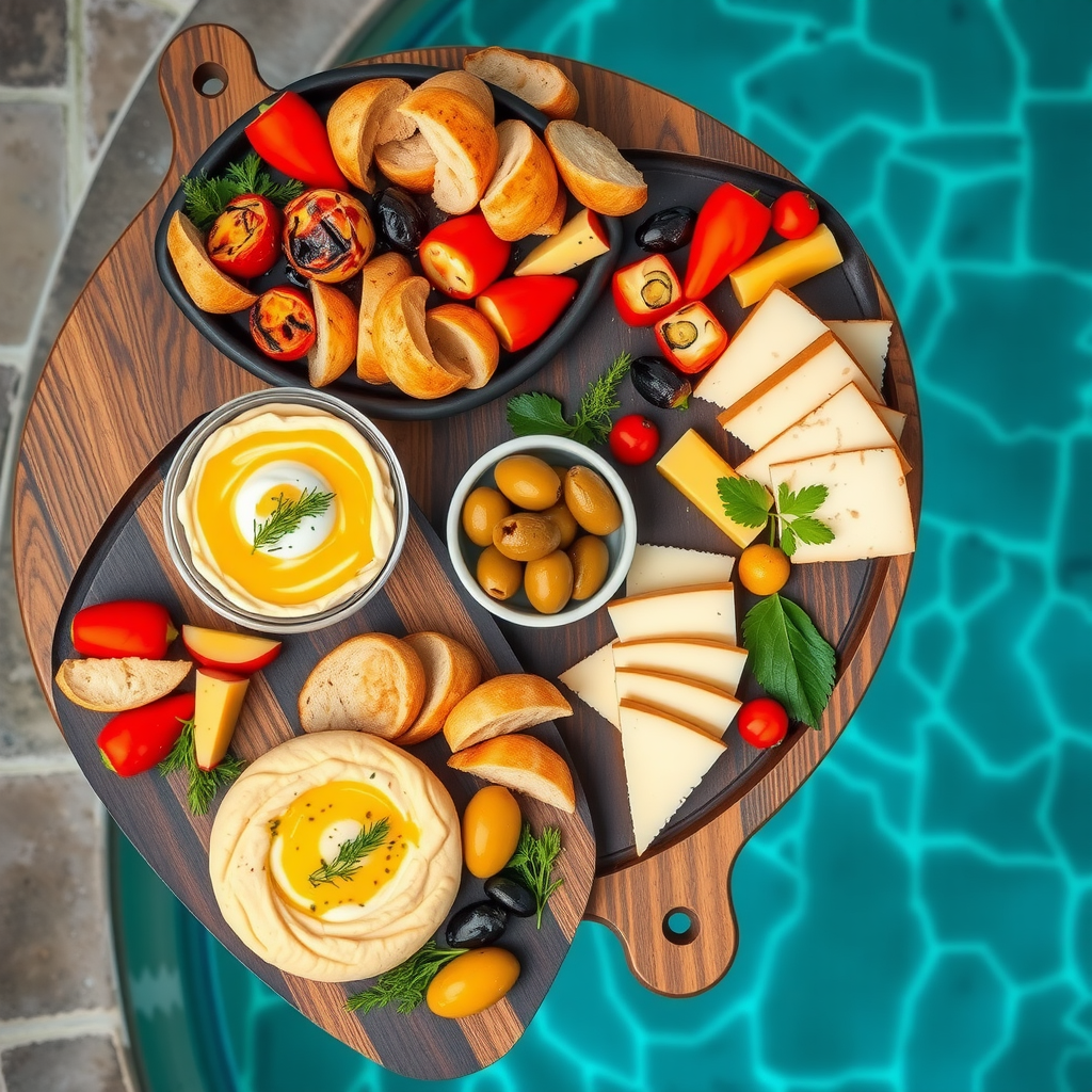 Overhead view of beautifully arranged Mediterranean sharing platters with fresh hummus, grilled vegetables, artisan breads, olives, and premium cheeses on elegant serving boards at poolside setting