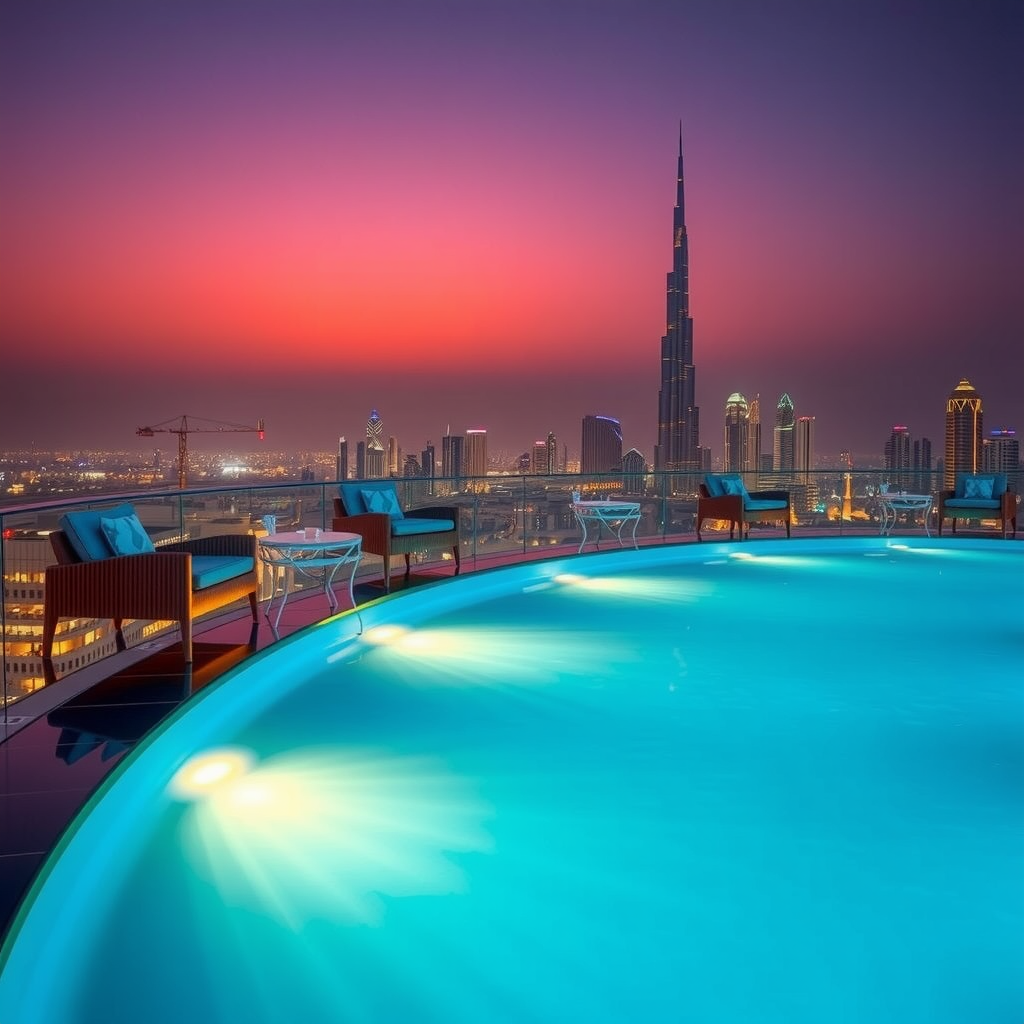 Magical twilight scene at Aura Sky Pool with illuminated turquoise water, ambient lighting, and Dubai skyline glowing in the evening