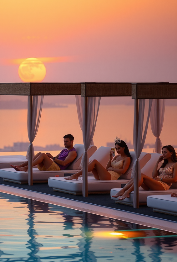 Elegant sunset scene at Aura Sky Pool showing guests relaxing in plush luxury cabanas beside the infinity pool, with the water reflecting the golden and pink hues of the Dubai sunset, creating a serene and sophisticated atmosphere