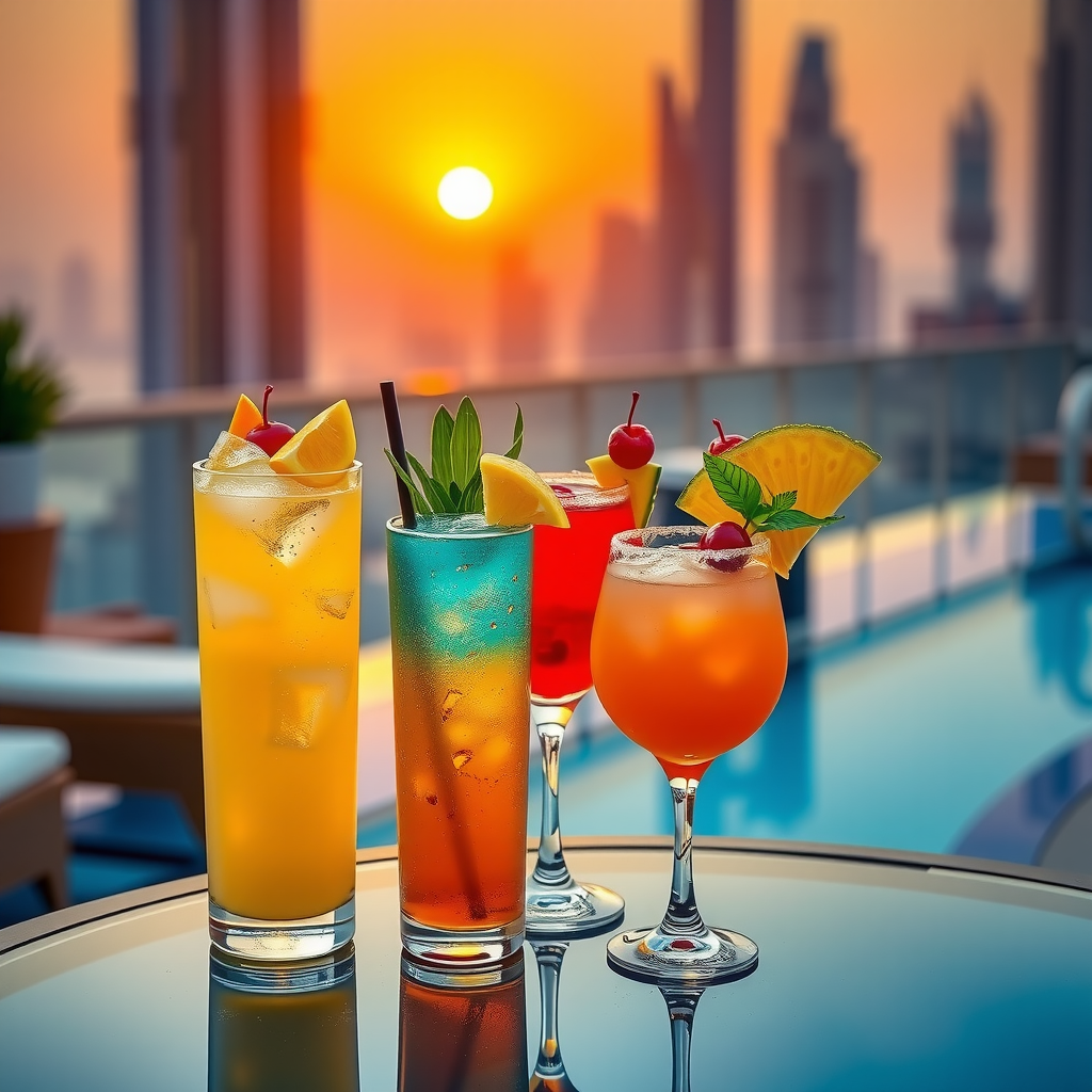 Elegant display of colorful signature cocktails on poolside table at Aura Sky Pool, featuring tropical garnishes, golden hour lighting, and Dubai skyline in soft focus background