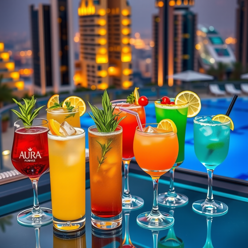 Array of colorful Mediterranean-inspired cocktails in elegant glassware at Aura Sky Pool bar, featuring fresh herbs, citrus garnishes, and turquoise-colored drinks, with infinity swimming pool and Dubai Marina towers in background, evening ambiance with golden lighting