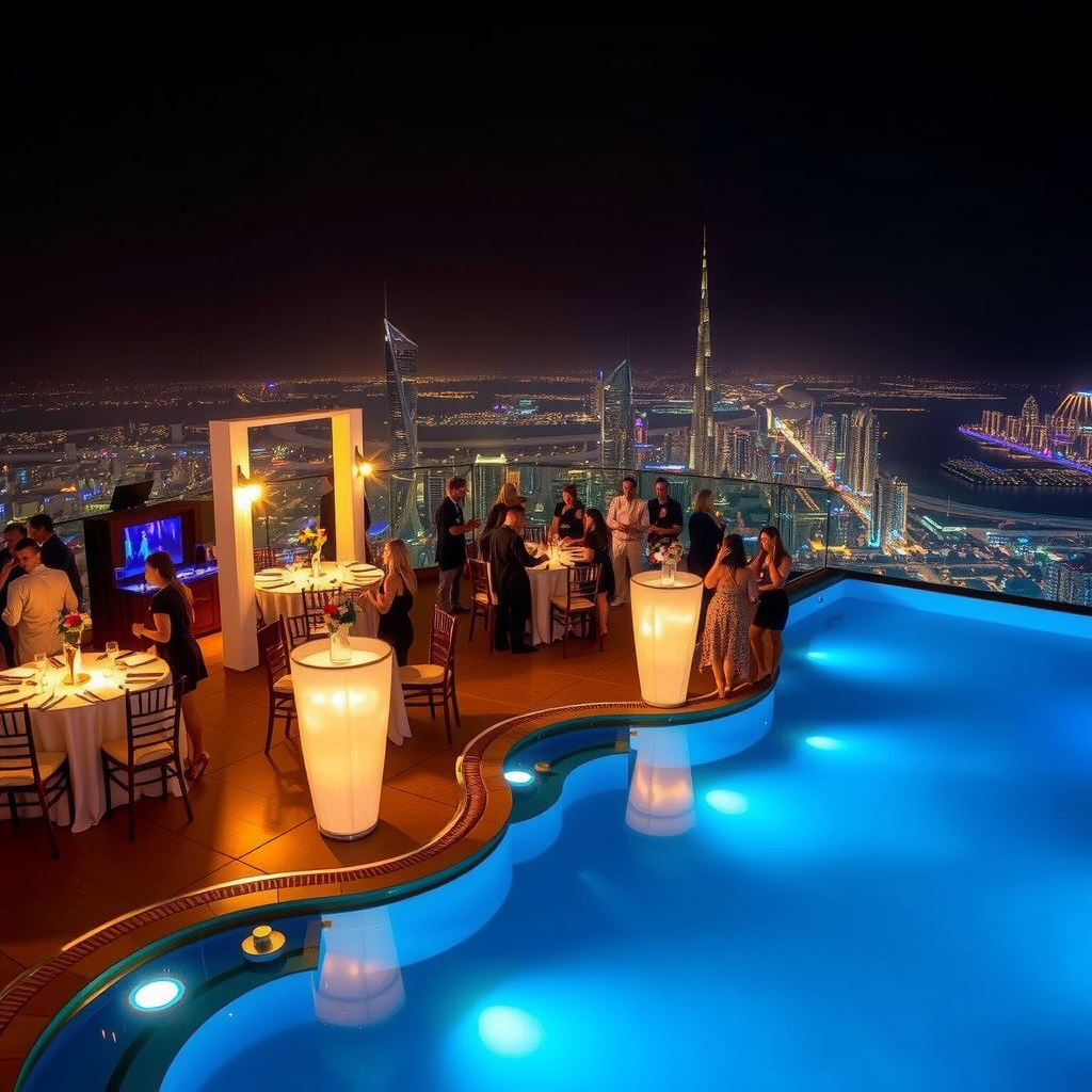 Elegant private celebration at Aura Sky Pool with decorated tables, ambient lighting, DJ booth, guests mingling around infinity pool at night, Dubai city lights twinkling below, champagne towers, floral arrangements, sophisticated party atmosphere