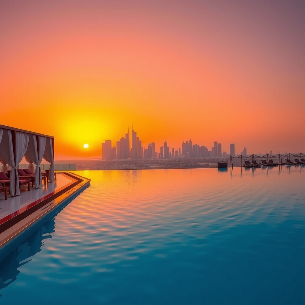 Stunning sunset view at Aura Sky Pool's infinity pool with elegant cabanas lined along the pool edge, the water reflecting golden and pink hues from the sky, and Dubai's modern skyline silhouetted against the colorful horizon