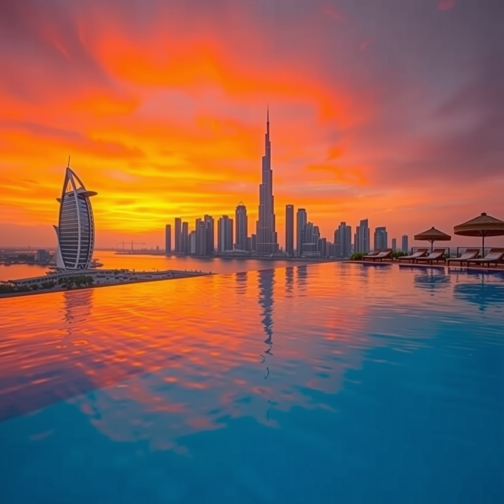 Instagram-worthy photo of infinity pool edge with dramatic sunset colors reflecting in water and Dubai skyline silhouette