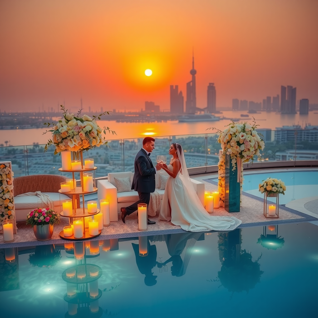 Romantic engagement celebration setup at Aura Sky Pool featuring luxurious floral arrangements in white and blush tones, elegant candlelight, intimate seating areas, champagne tower, and golden sunset reflecting on the pool water with Dubai skyline silhouette