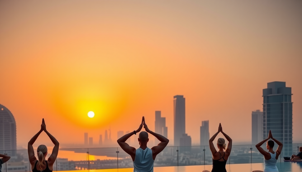 Peaceful yoga session at sunrise on pool deck with instructor and participants in warrior pose overlooking Dubai skyline