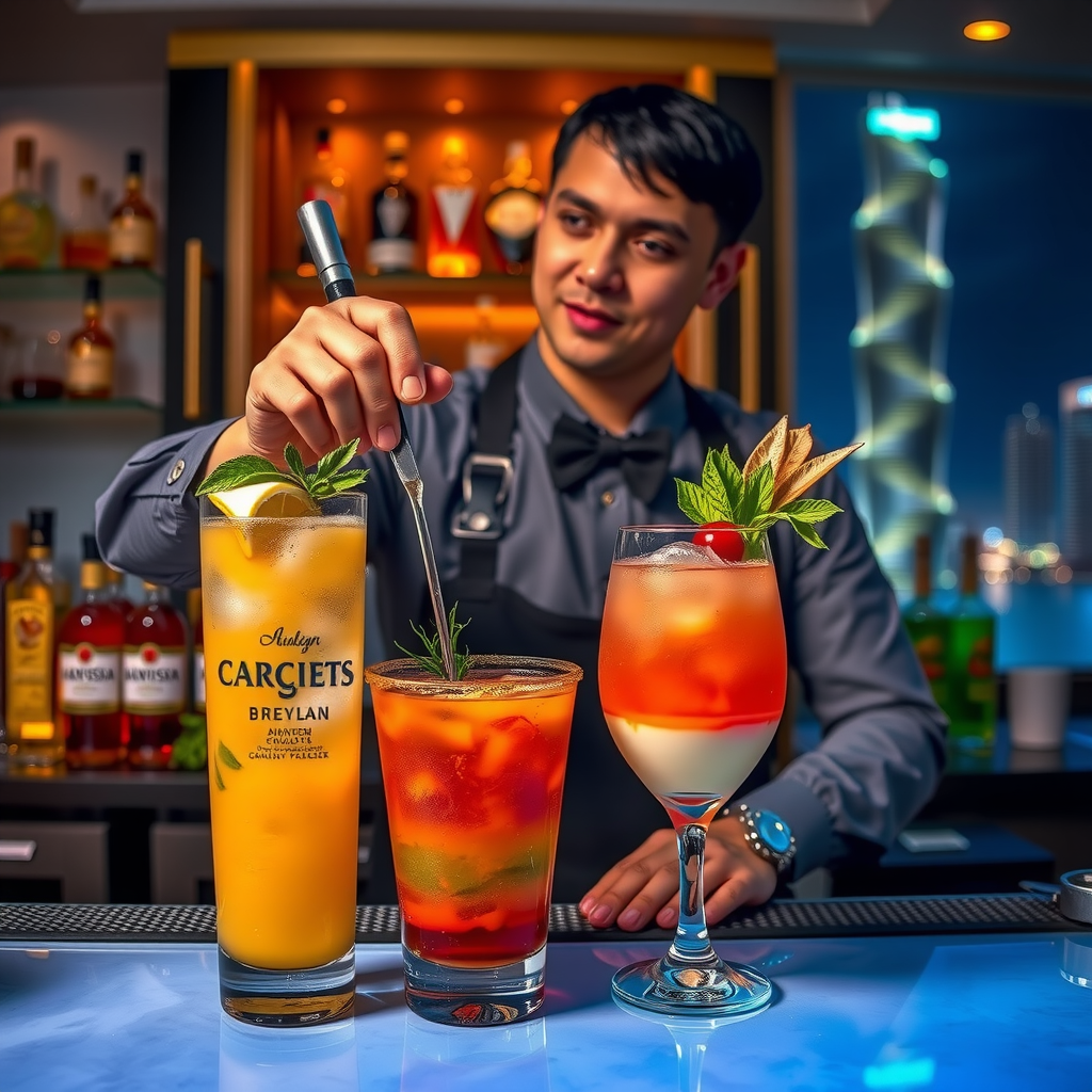 Award-winning mixologist crafting signature cocktails at Aura Sky Pool bar, featuring colorful layered drinks with fresh garnishes, gold-rimmed glasses, and premium spirits display against Dubai skyline backdrop