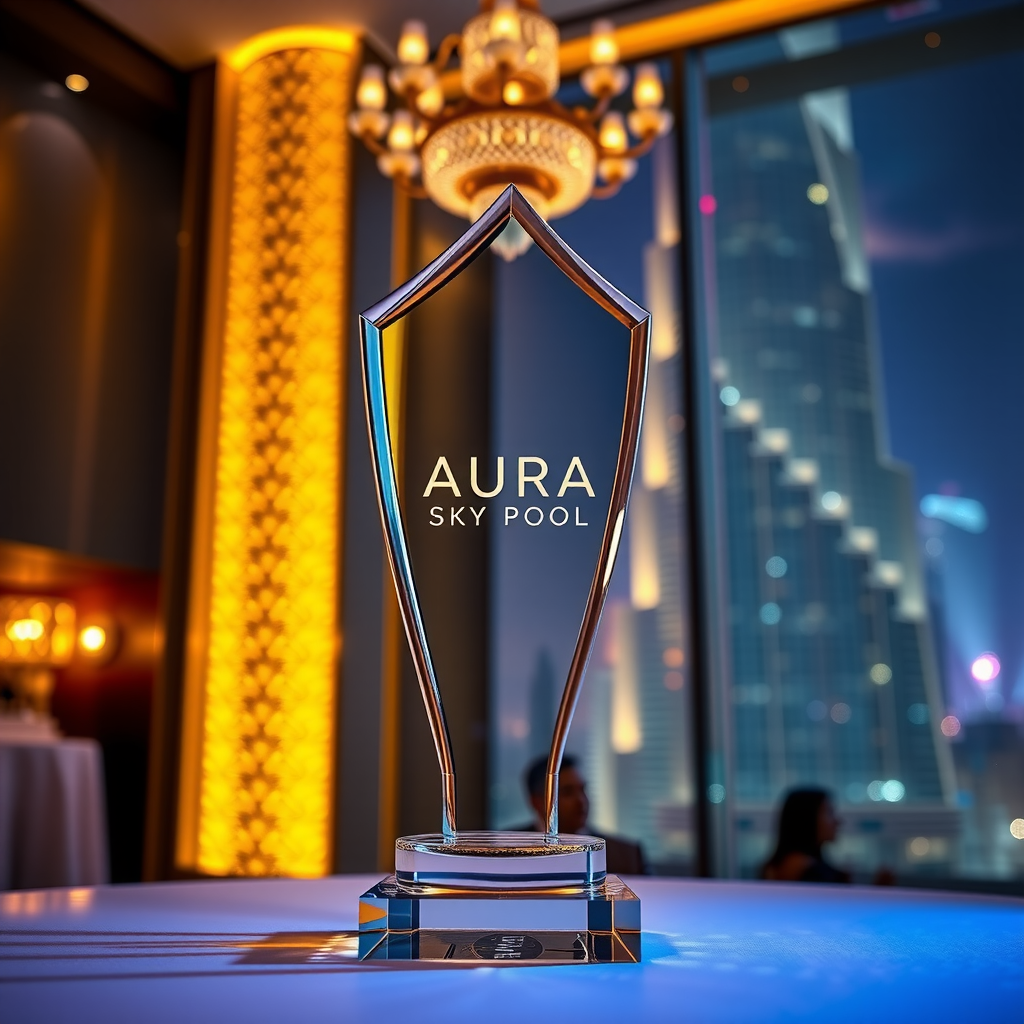 Elegant award trophy with Aura Sky Pool branding displayed at prestigious ceremony at Burj Khalifa, golden lighting, luxury event setting with Dubai skyline in background