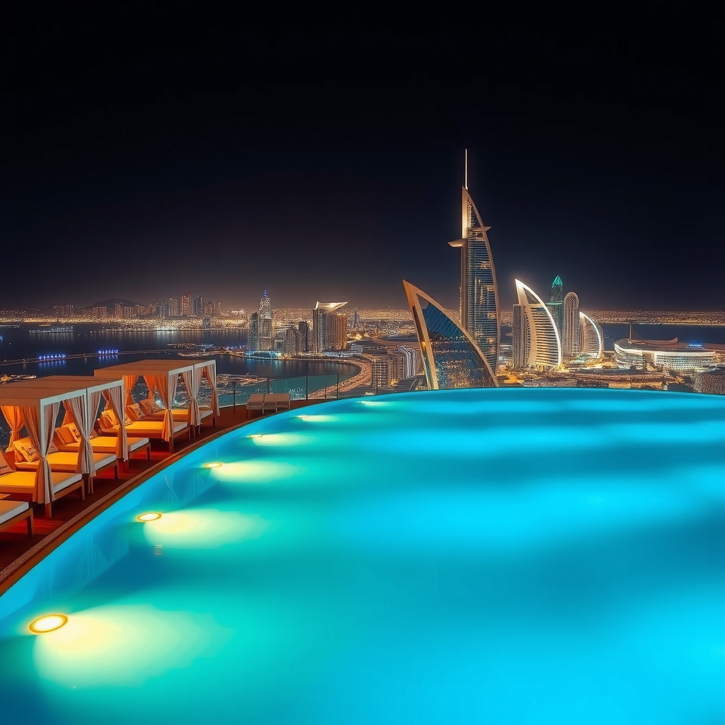 Spectacular night view of Aura Sky Pool with the infinity pool illuminated by elegant underwater lighting in turquoise tones, surrounded by luxury cabanas with soft golden lighting, while Dubai's skyline sparkles with thousands of lights in the background