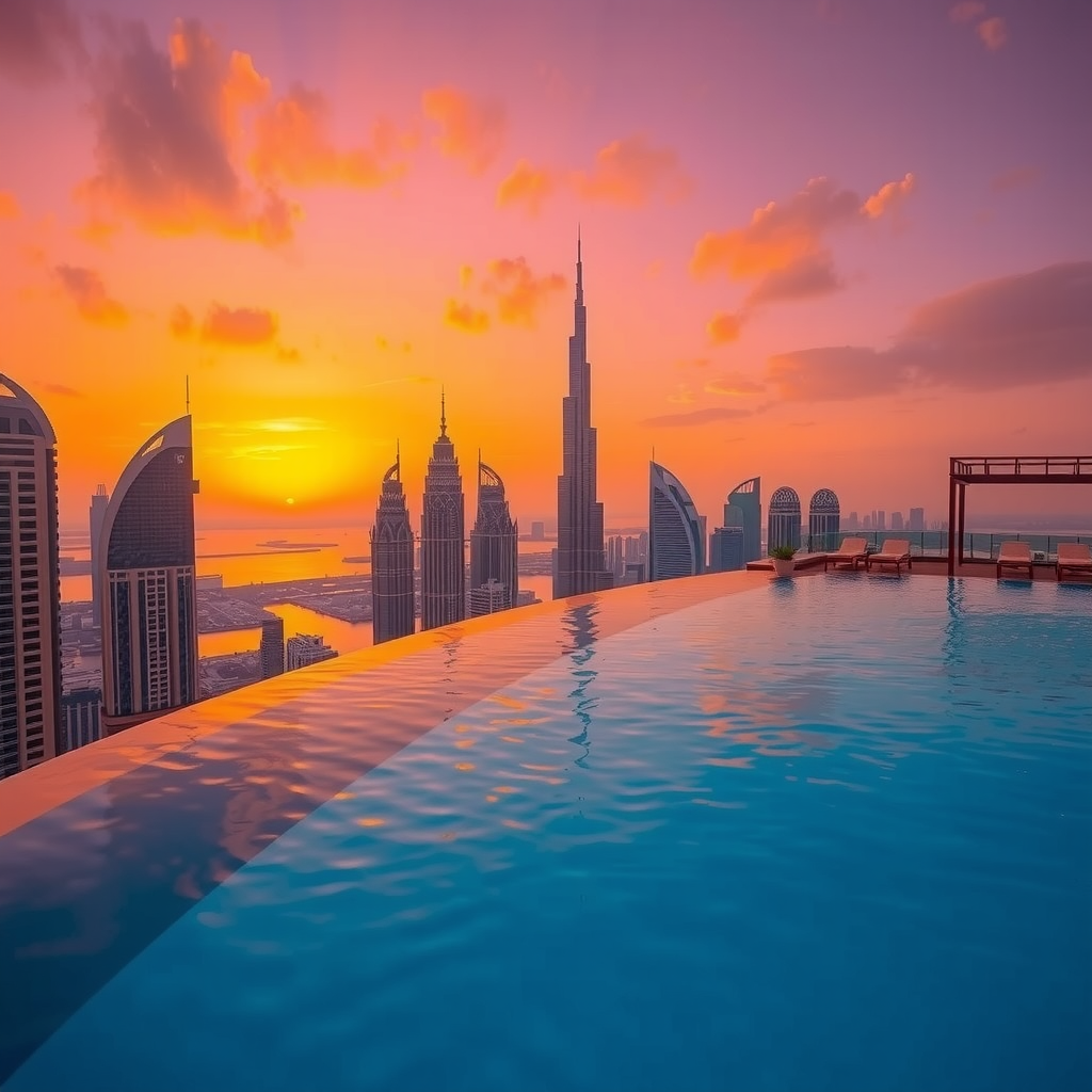 Breathtaking view from Aura Sky Pool infinity edge during sunset, showing seamless blend of pool water with Dubai skyline, golden and purple sky colors reflecting on water surface