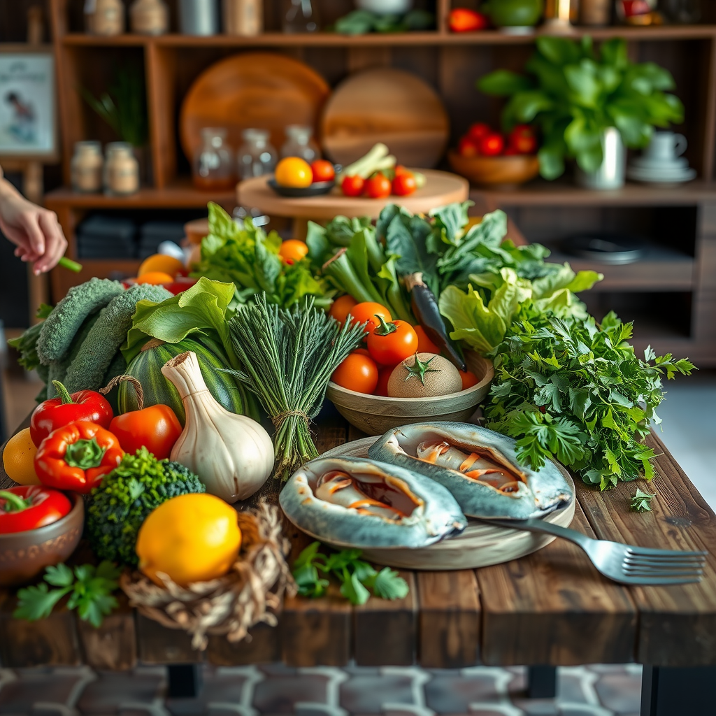 Fresh organic vegetables, herbs, and sustainable seafood displayed on rustic wooden table at Aura Sky Pool kitchen, with chef's hands selecting ingredients, natural lighting, emphasis on quality and freshness, Mediterranean color palette