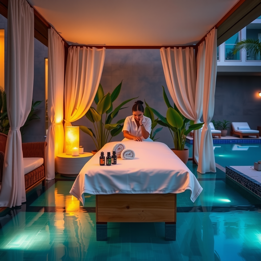 Serene spa treatment setup at Aura Sky Pool, massage table with white linens in private cabana, aromatherapy candles, essential oil bottles, certified therapist preparing treatment, peaceful poolside setting with soft lighting, tropical plants, tranquil atmosphere