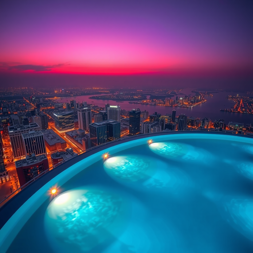 Aerial view of illuminated infinity skypool at dusk with city lights beginning to sparkle and purple twilight sky