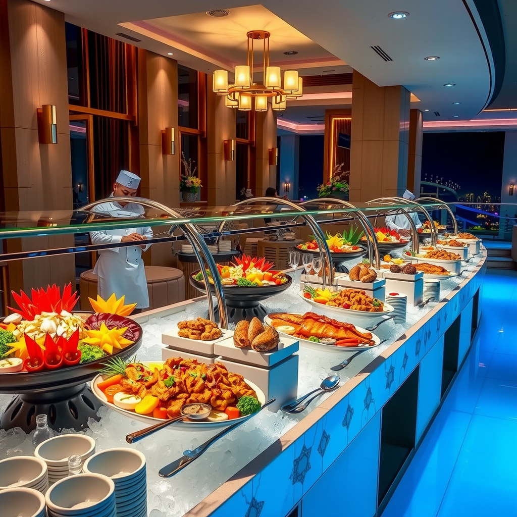 Luxurious catering setup at Aura Sky Pool featuring elegant buffet stations with gourmet dishes artistically presented, fresh seafood displays on ice, colorful salads, premium meats, international cuisine options, professional chefs in white uniforms, and sophisticated serving ware with gold accents