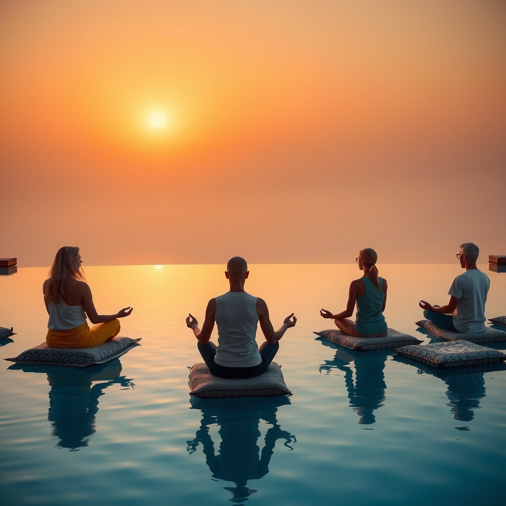 Tranquil meditation circle at dawn with participants seated on cushions by infinity swimming pool with soft morning light