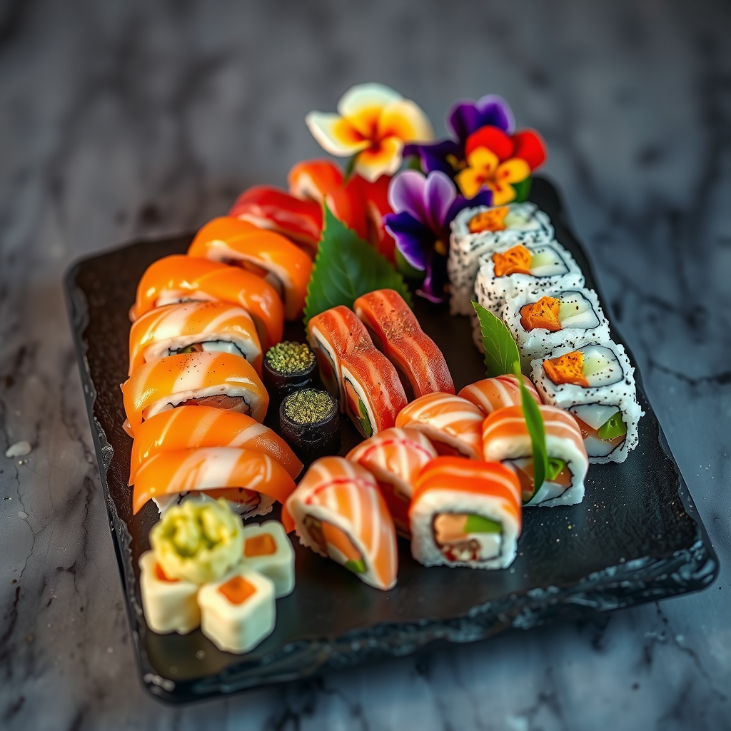 Elegant sushi platter presentation at Aura Sky Pool featuring fresh nigiri, maki rolls, and sashimi arranged artistically on black slate with wasabi, pickled ginger, and edible flowers