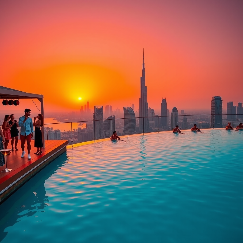 Vibrant sunset over Dubai skyline from Aura Sky Pool infinity pool, DJ performing on elevated platform, guests enjoying cocktails, golden hour lighting, turquoise water reflecting orange and pink sky
