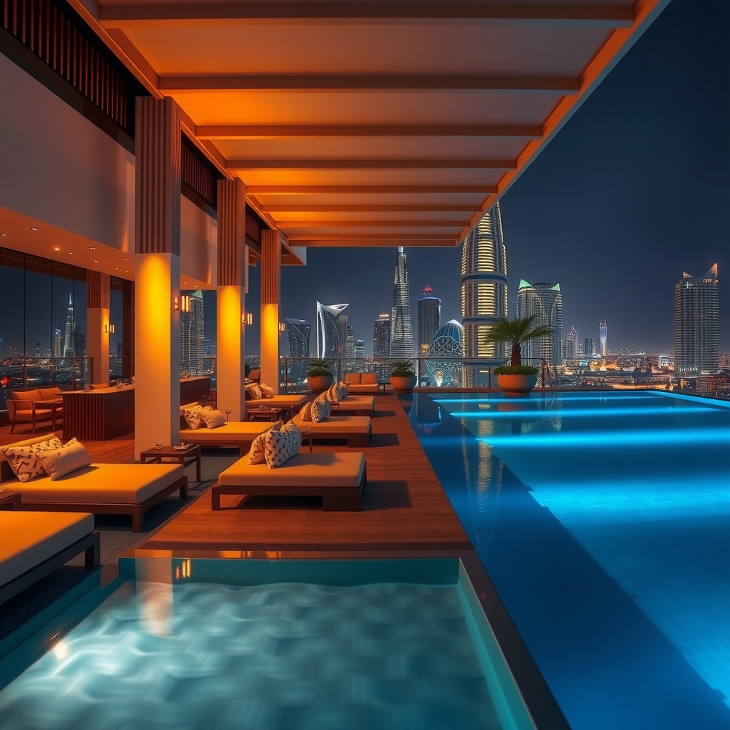 Luxurious poolside lounge area at Aura Sky Pool with premium cushioned loungers, elegant table settings, ambient lighting, and Dubai cityscape visible in background during evening