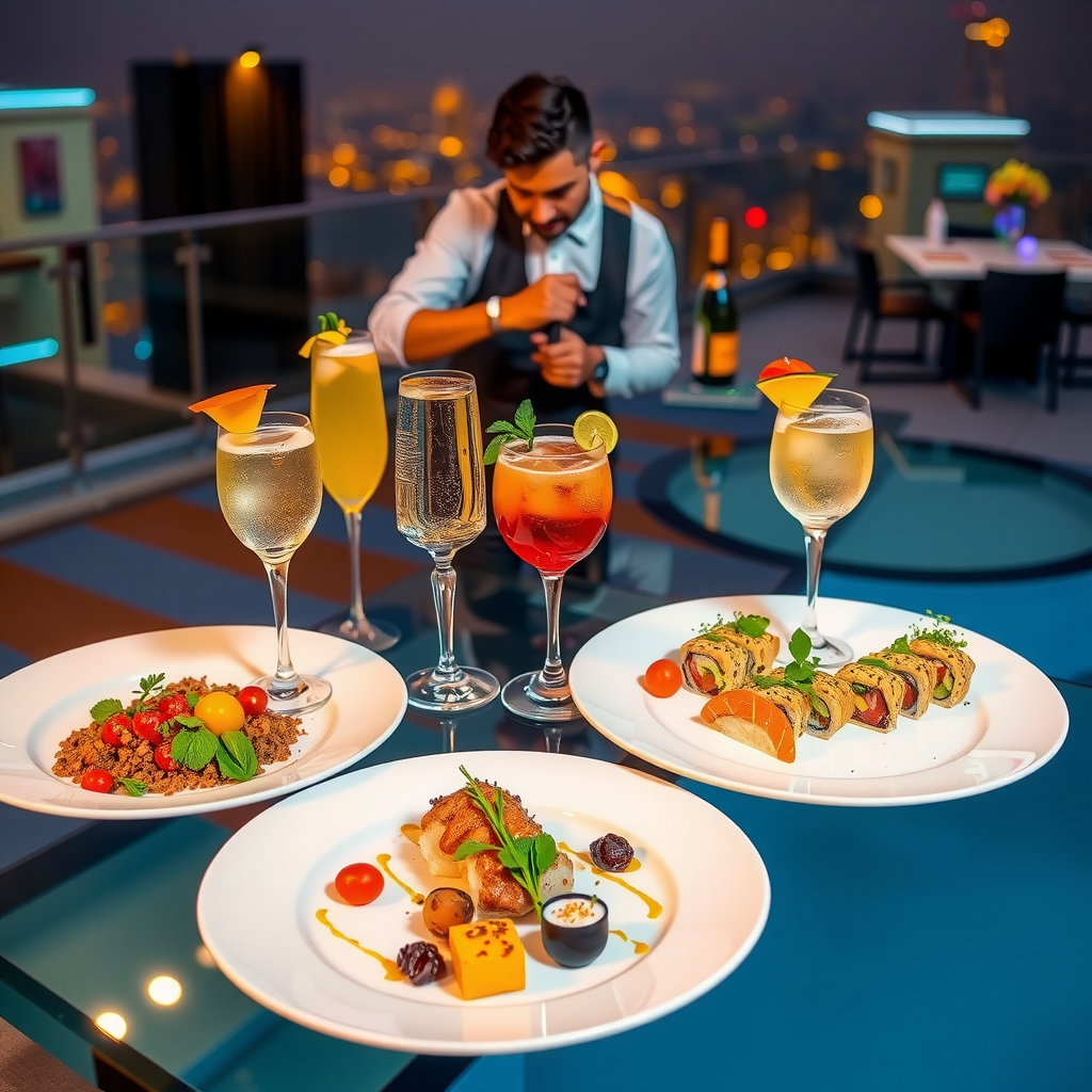 Elegant poolside dining setup at Aura Sky Pool, beautifully plated Mediterranean cuisine and fresh sushi on white plates, colorful signature cocktails in crystal glasses, professional mixologist preparing drinks, gourmet food presentation, champagne bottles, sophisticated table setting with city views