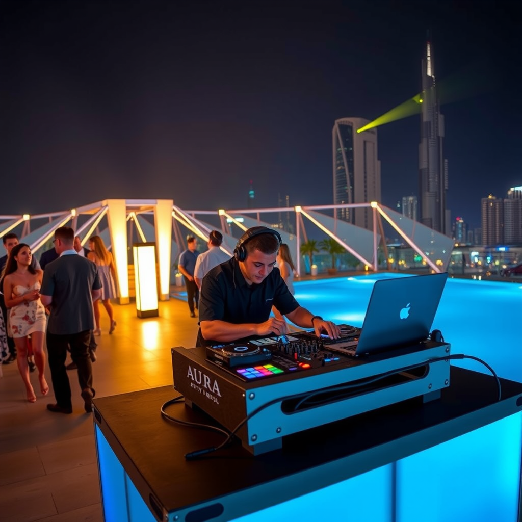 Professional DJ performing at Aura Sky Pool evening event with modern equipment setup, guests dancing near the illuminated infinity pool, sophisticated ambient lighting in turquoise and gold tones, Dubai skyline glowing in the background, and energetic party atmosphere