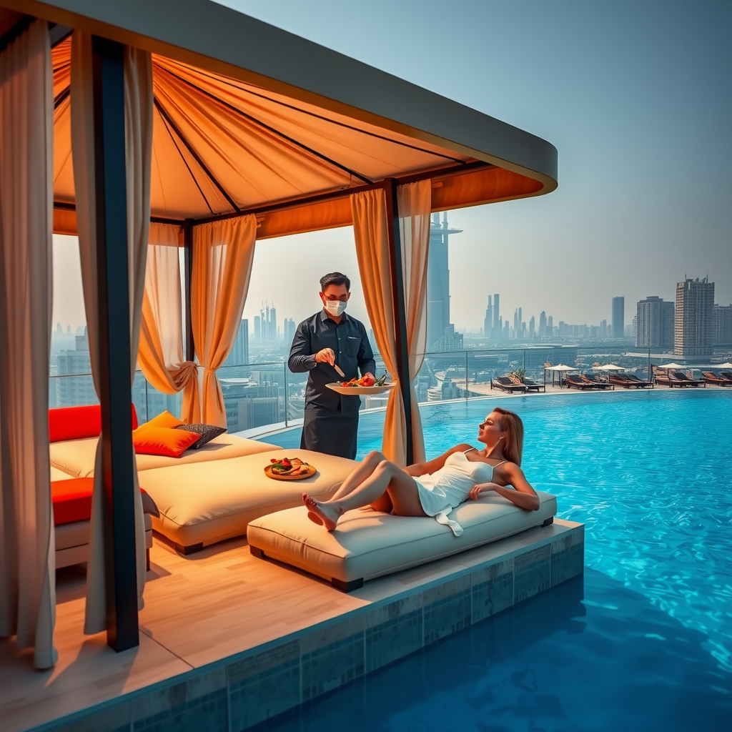 Attentive server delivering gourmet meal to luxury cabana at Aura Sky Pool, guest relaxing on plush lounger with panoramic infinity pool and Dubai skyline views
