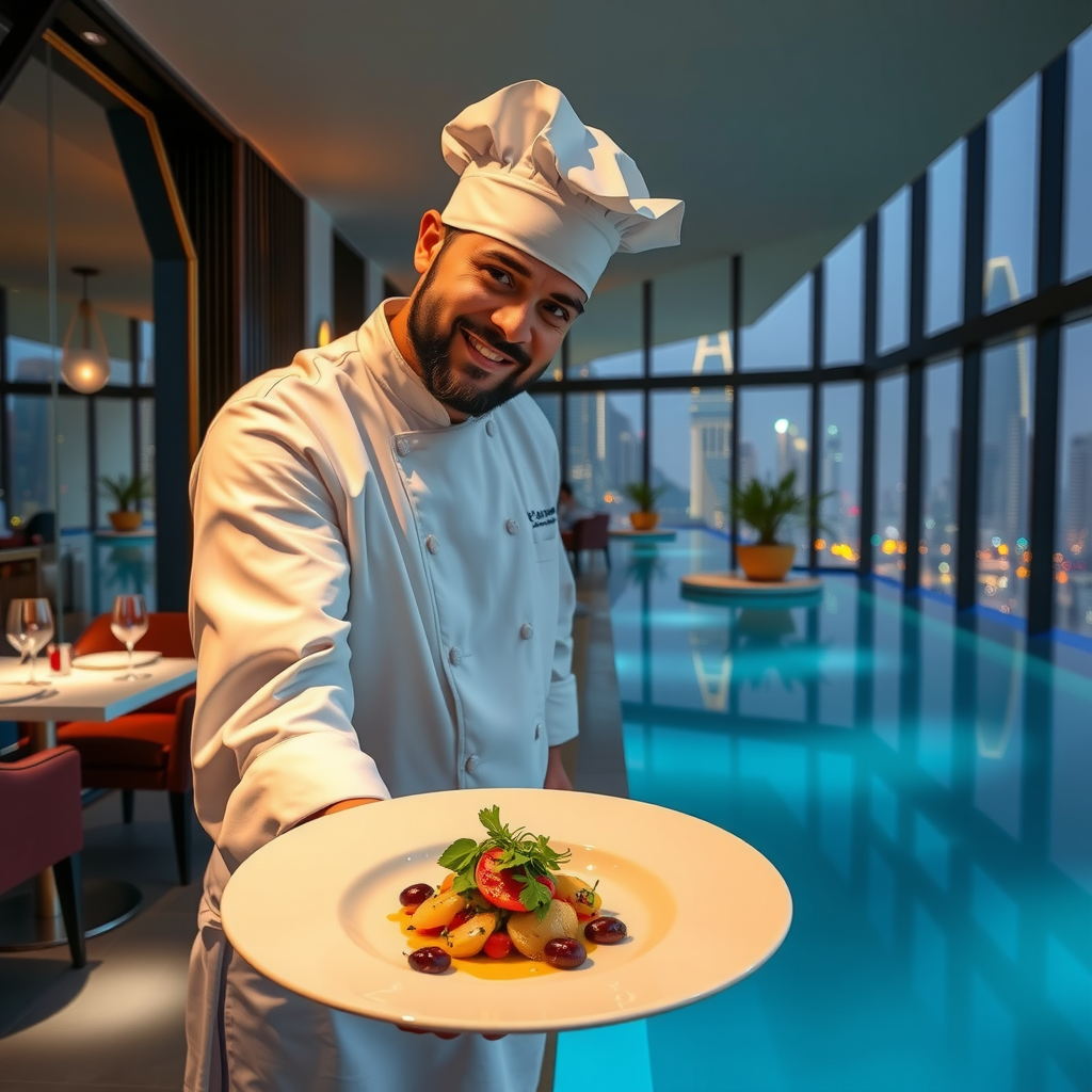 Michelin-starred Chef Marco Bellini in white chef uniform presenting gourmet Mediterranean dish at Aura Sky Pool, elegant plating with Dubai skyline visible through floor-to-ceiling windows, luxury poolside dining setup