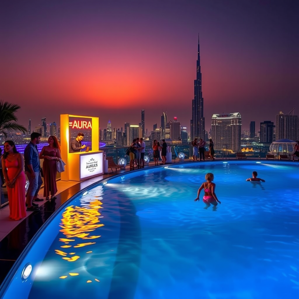 Vibrant evening atmosphere at Aura Sky Pool with guests enjoying poolside experience, ambient lighting, DJ booth visible, and Dubai skyline illuminated in background after sunset