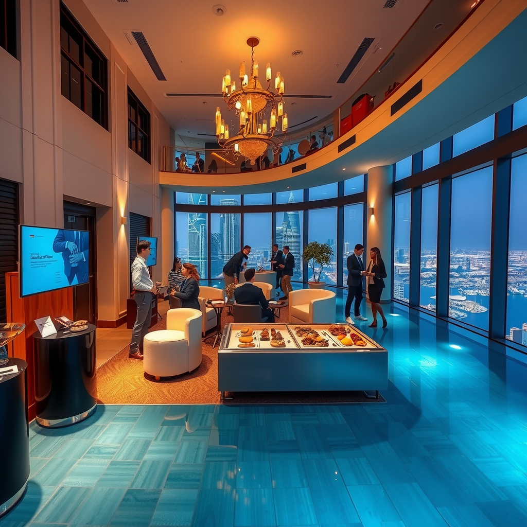Professional corporate event at Aura Sky Pool featuring elegant business setup with modern presentation screens, sophisticated seating arrangements, business professionals networking, branded materials, premium catering stations, and Dubai skyline visible through floor-to-ceiling windows