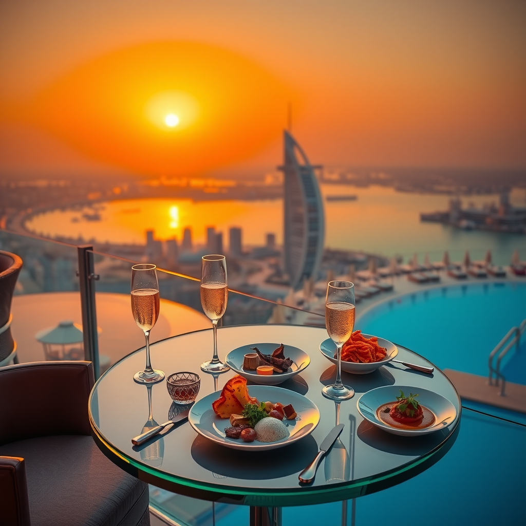 Stunning sunset dining scene at Aura Sky Pool with elegantly set table overlooking infinity pool and Dubai skyline, golden hour lighting, champagne glasses, gourmet dishes, and romantic ambiance
