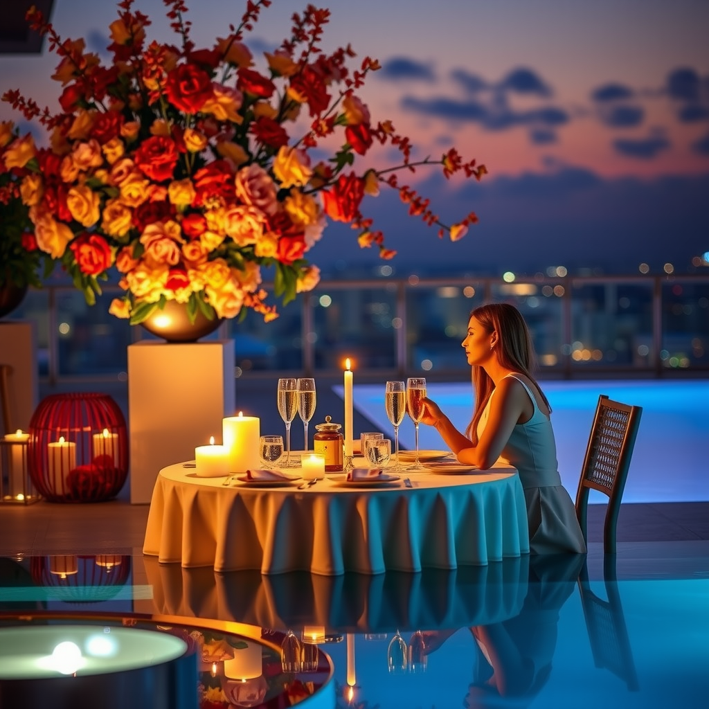Romantic anniversary celebration at Aura Sky Pool with intimate dining setup for two, abundant floral arrangements in soft colors, candlelight creating warm ambiance, champagne service, elegant table settings with gold accents, and twilight sky reflecting on the infinity pool